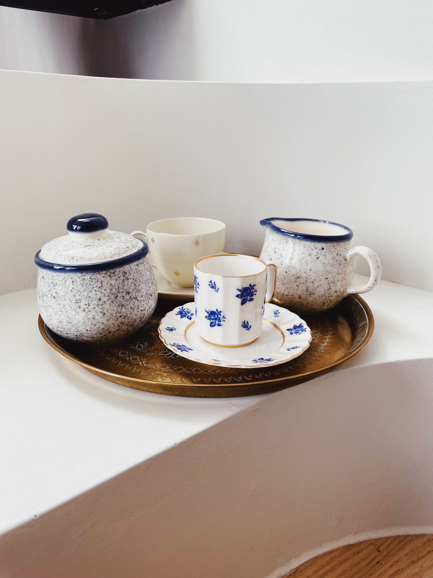 speckled blue sugar pot and creamer